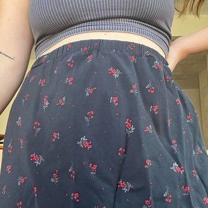 Black Handmade Midi Skirt w/ Red Flowers